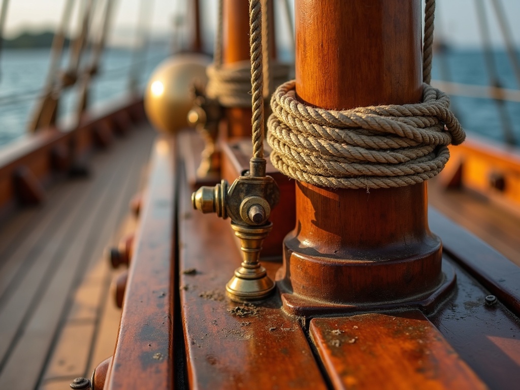 Teak deck, brass fittings and rigging detail on a phinisi charter in Bali