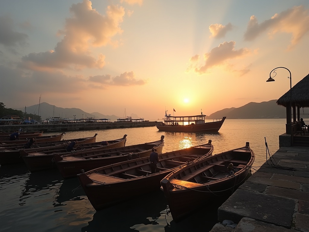 Bali harbour at dusk with moored traditional phinisi boats