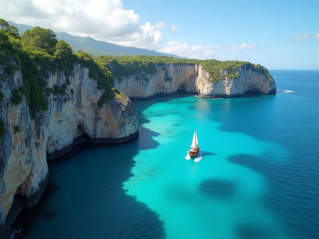 Turquoise sea and cliffs on a Nusa Penida sailing route with a distant phinisi schooner