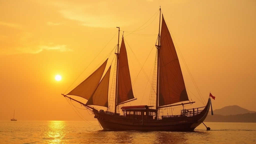 Traditional wooden phinisi schooner at golden hour off a Bali harbour